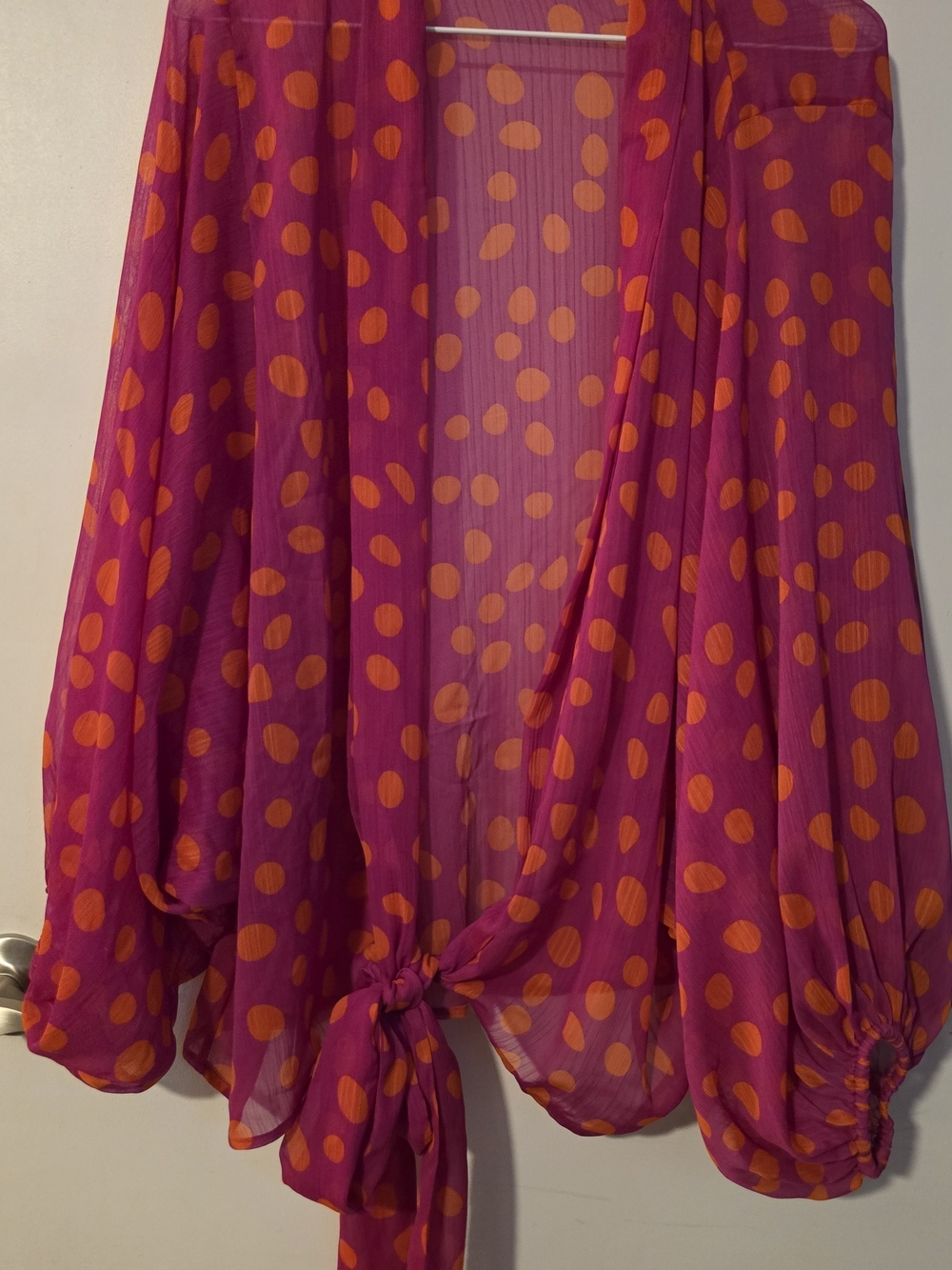 Colleen Lopez Pink Polka Dot Sheer Tie-Front Kimono with Orange Dots